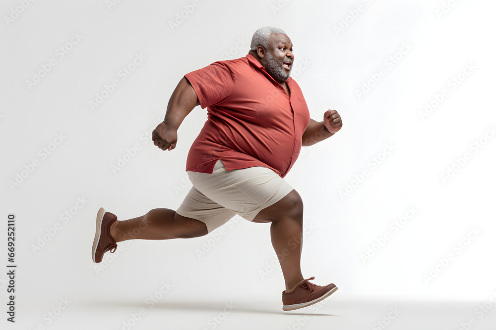 Naklejka premium Overweight senior African American man running on white background, concept of overweight and weight loss. Neural network generated image. Not based on any actual person or scene.