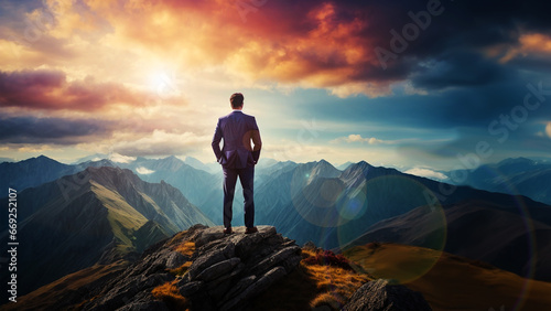 Businessman Standing Tall on a Mountain Peak, Signifying Success, Achievements, and Perseverance - concept idea