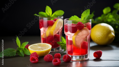 copy space  stockphoto  Sparkling Raspberry Lemonade with fresh berries and mint. Summer refreshment. Non-alhoholic drink  healthy drink with fresh fruit.