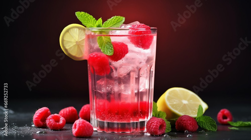 copy space, stockphoto, Sparkling Raspberry Lemonade with fresh berries and mint. Summer refreshment. Non-alhoholic drink, healthy drink with fresh fruit.