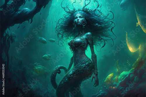 Mermaid Alien wallpaper, underwater. The mermaid has long, green hair that flows around her head. She has fair skin and bright blue eyes. The mermaid is wearing an ornate crown on her head.