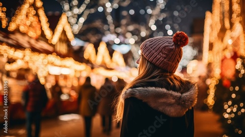 A girl walks through the Christmas market, decorated with festive lights in the evening.