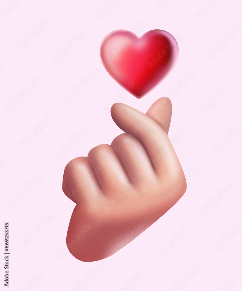 Hand beckoning Korean heart. love and hand, 3D rendered image. 3D illustration Hand beckoning Korean heart. love and hand, 3D rendered image. 3D illustration