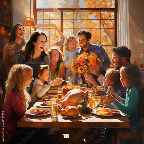 group of friends and family having dinner, thanksgiving feast and merry
