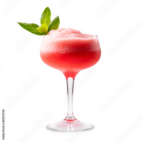 Strawberry margarita cocktail in salt-rimmed glass isolated on white background