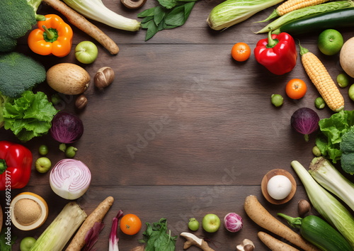 Fresh vegetables in a wooden frame, space for text