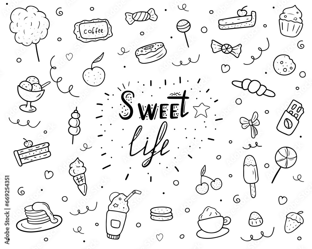 Illustration of hand drawn doodle with sweets.Black and white background with different sweet dishes and sweet life lettering. Vector illustration for backgrounds, web design, design elements, textile Illustration of hand drawn doodle with sweets.Black and white background with different sweet dishes and sweet life lettering. Vector illustration for backgrounds, web design, design elements, textile