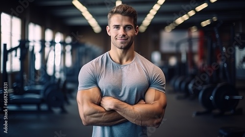 Portrait Of Happy Young Sporty Guy Posing At Gym Interior, Handsome Middle Male Athlete . Ready For Training.Copy Space. advertising Modern Sport Club. ai photo