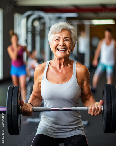 An elderly woman trains with a barbell in the gym. Generated by AI