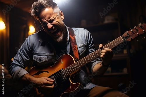 The musician emotionally plays an electric guitar, and sings the song.