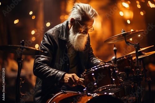 An elderly rock musician plays drums. A man plays drums. photo