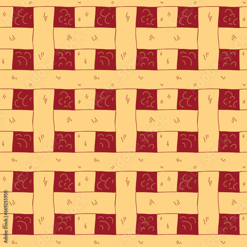 Seamless vector pattern of apple pie texture with red filling and crisscross patterns. Great for fall decor, autumn mood, theme parties, banners, tablecloth, bedding, blankets, costumes, halloween, f