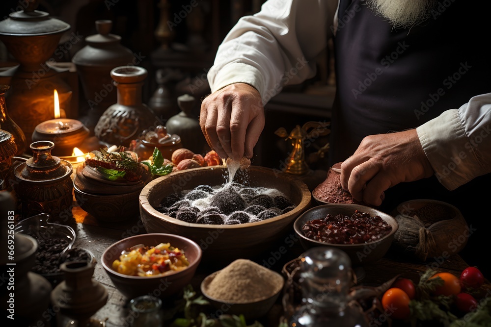 The chef chooses the spices for his dish