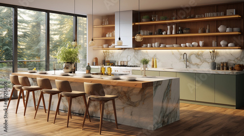 Beautiful modern kitchen with a green marble table