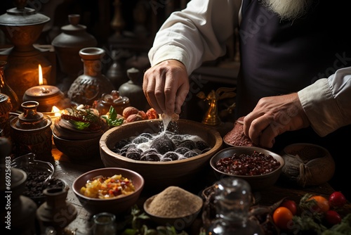 The chef chooses the spices for his dish