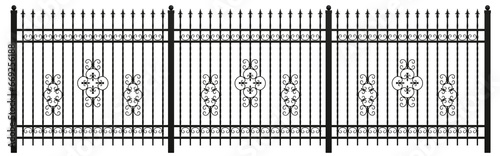 Elements of forded fence with supports. Wrought iron fence. 3D render. PNG file.