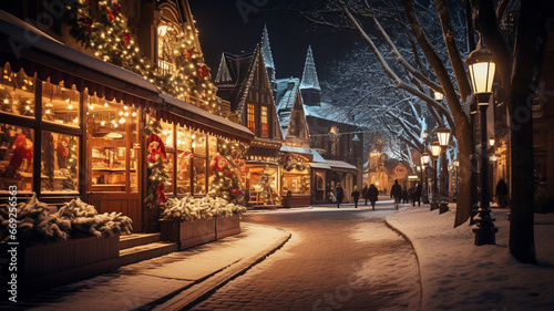 Christmas market during winter, festive lights and shop during holiday season © Artofinnovation