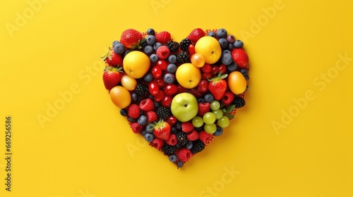 Fruits heart symbol. Fruits concept design. Food photography of heart shape made from different fruits isolated yellow background.