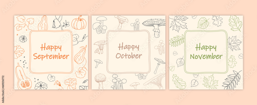 Set of autumn banners Happy September, October, November with mushrooms, pumpkins, leaves vector template