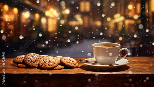 Outdoor winter christmas market background banner with bokeh lights 