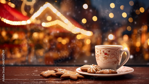 Outdoor winter christmas market background banner with bokeh lights 