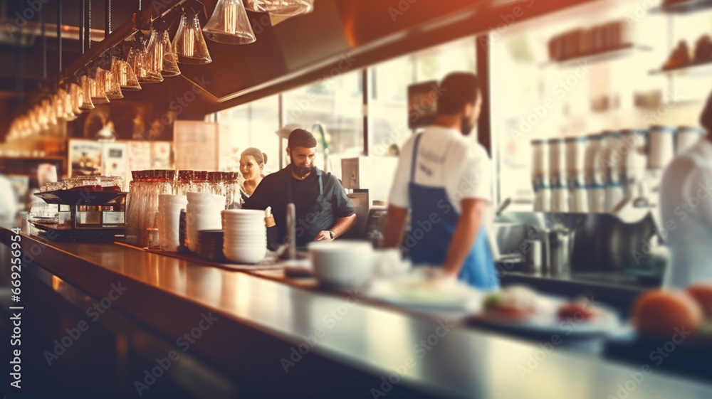 Restaurant or lunchroom bar, image chefs and customers walking, blurred background Restaurant or lunchroom bar, image chefs and customers walking, blurred background