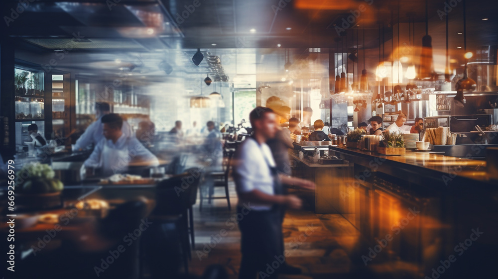 Restaurant or lunchroom bar, image chefs and customers walking, blurred background