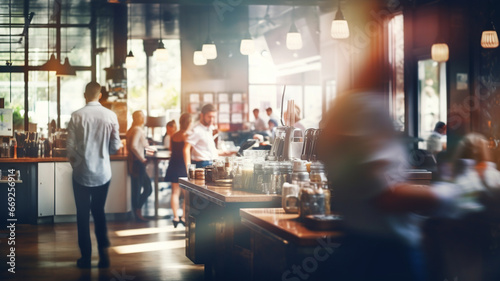 Restaurant or lunchroom bar, image chefs and customers walking, blurred background photo