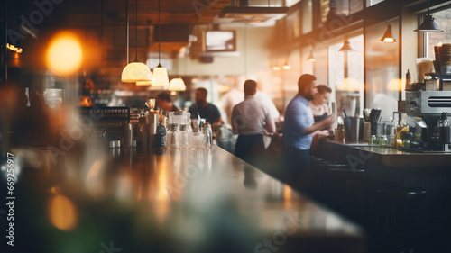 Restaurant or lunchroom bar, image chefs and customers walking, blurred background © Artofinnovation