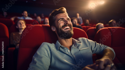 Man in cinema smiling and laughing watching movie with popcorn