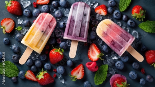 Sweet delicious ice cream popsicle bars frozen with fruit and berries with yogurt on stick