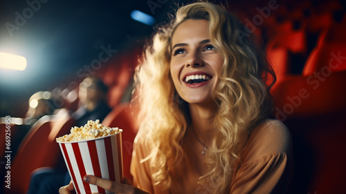 Woman in cinema smiling and laughing watching movie with popcorn