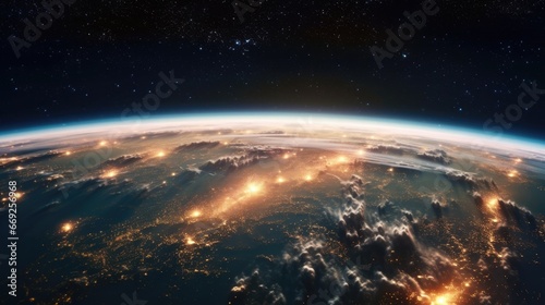 Night view of planet Earth from space, beautiful background with lights and stars, close up © Boris