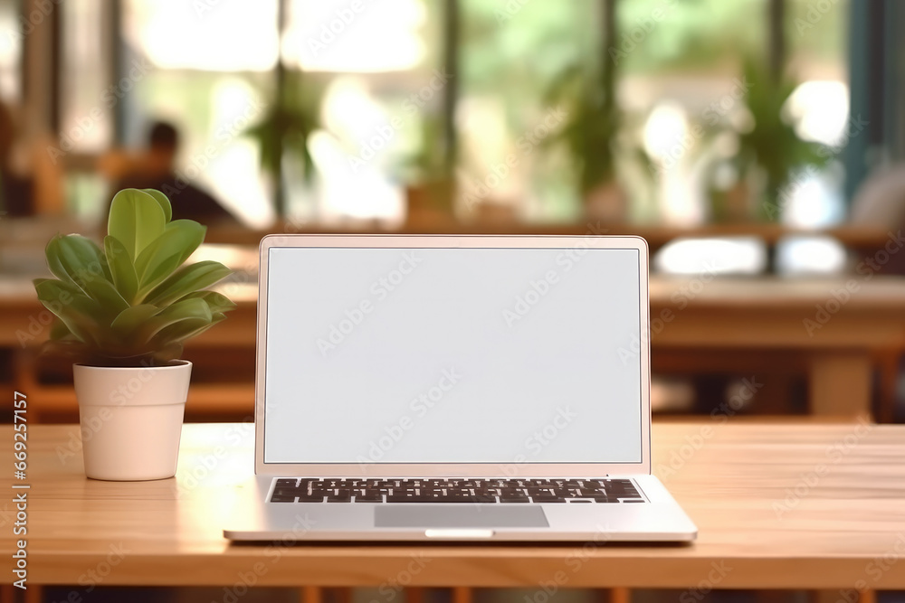 Desk Laptop with blank screen on table of coffee Desk Laptop with blank screen on table of coffee