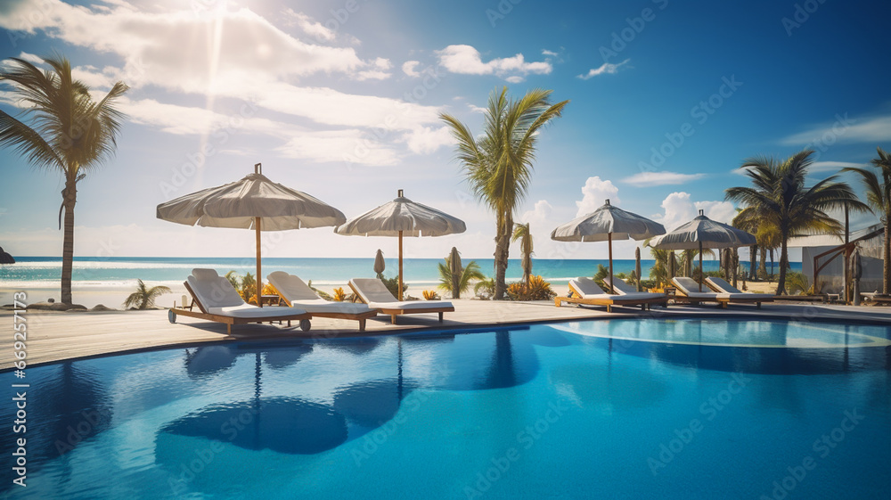 Luxurious all inclusive hotel with swimming pool and lounge, umbrellas near beach and sea with palm trees and blue sky