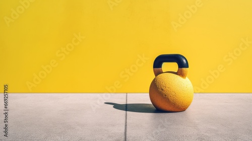 Kettlebell on a light yellow concrete wall background.