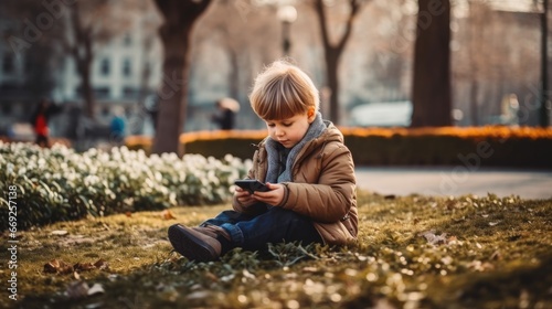 happy little child play games on mobile phone at the park .