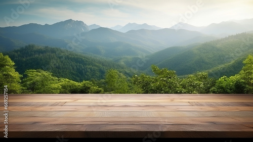 Wooden podium or stage for product display and promotion  green nature tropical rainforest backdrop with mountains