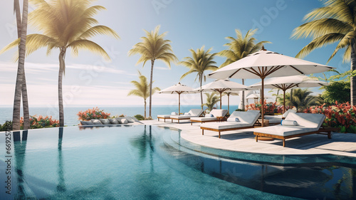 Luxurious all inclusive hotel with swimming pool and lounge  umbrellas near beach and sea with palm trees and blue sky