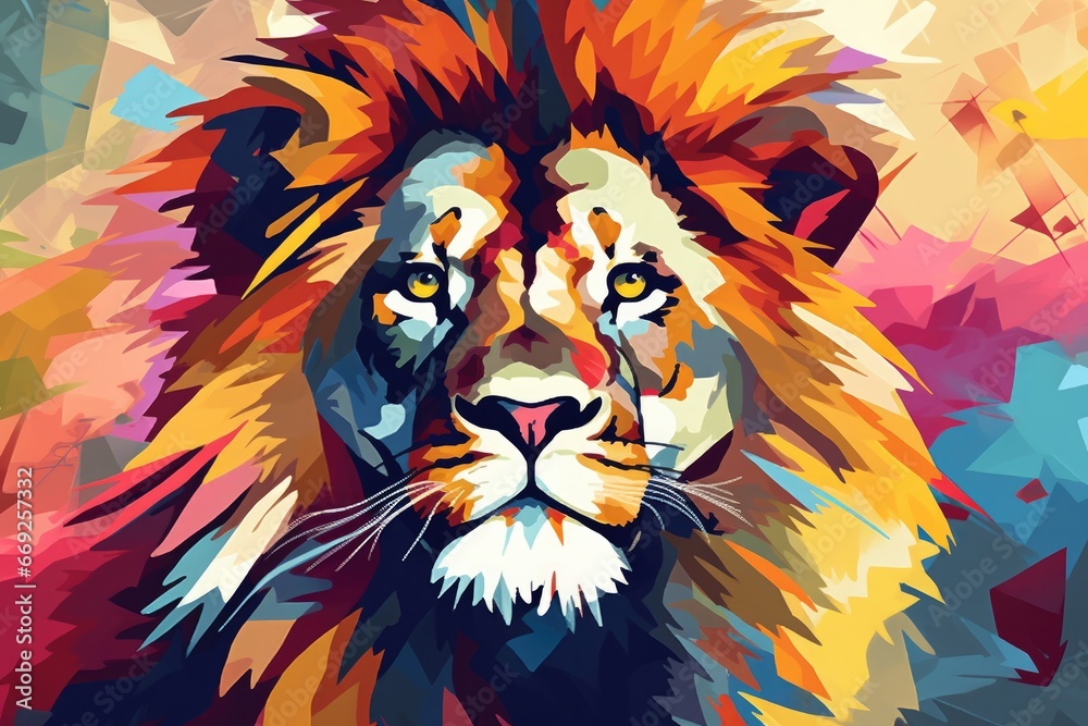 A beautiful lion, modern artwork, abstract colorful painting. Hand-drawn digital painting.