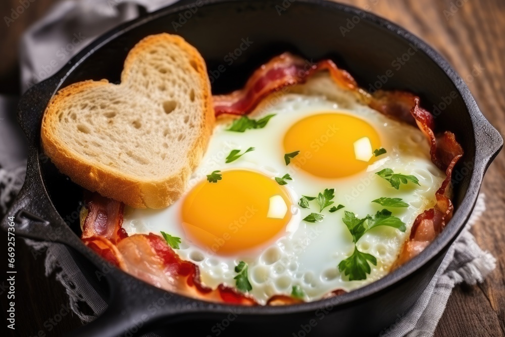 Healthy holidays breakfast with eggs hearts, bacon and toast on wooden background. AI Generated