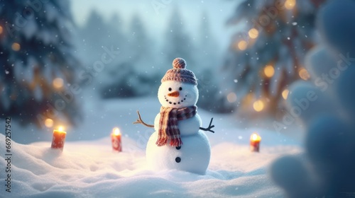 Christmas and new year background. Christmas decoration with a cute cheerful snowman in the snow in a winter park with beautiful bokeh. Wallpaper background for ads or web design photo