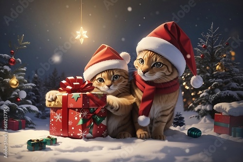 Cats Celebrating Christmas , santa claus and christmas gifts, Christmas Theme and Christmas Background photo
