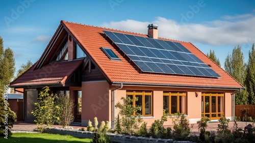 Solar panels, photovoltaics on the red roof of a house and a beautiful sky. Alternative electricity source. Concept of sustainable resources