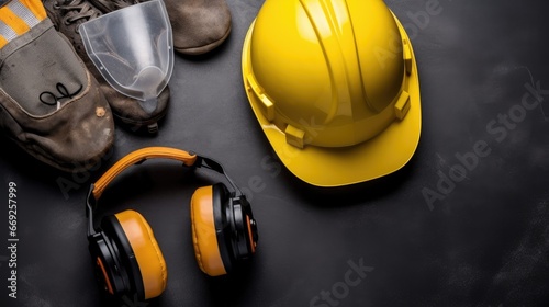 Work safety items of construction industry on gray background with copy space photo