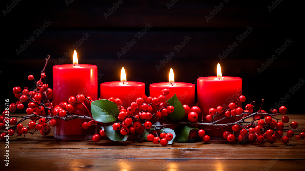 red candle and christmas decorations on black table