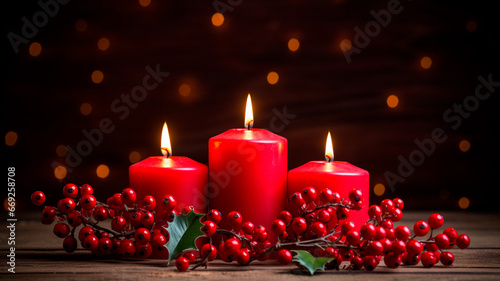 red candle and christmas decorations on black table