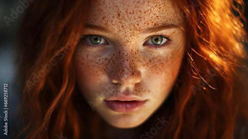 stockphoto, Youth, young girl with freckles, eyes full of fiery dreams and unbridled hope. Close up of a beautiful young girl with ginger red hair and freckles. 