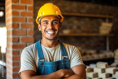 Smiling latin construction worker man, construction material background, professional photo