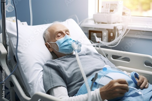 hospital bed with oxygen and an older man sleeping with a ventilator photo